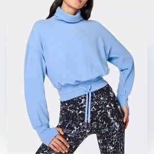 Sweaty Betty Melody Luxe Fleece Pullover  Light Blue Turtleneck Sweater  Size M